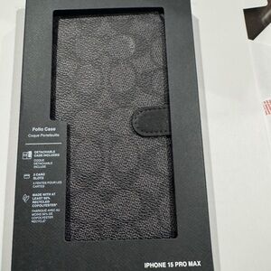Coach 15 Pro Max Black Leather Folio Wallet Phone Case